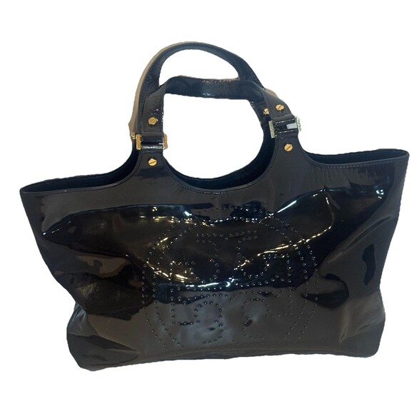 Auth. Tory Burch Bombe Tote Patent Leather Big Perforated Logo Navy Blue - Picture 1 of 10